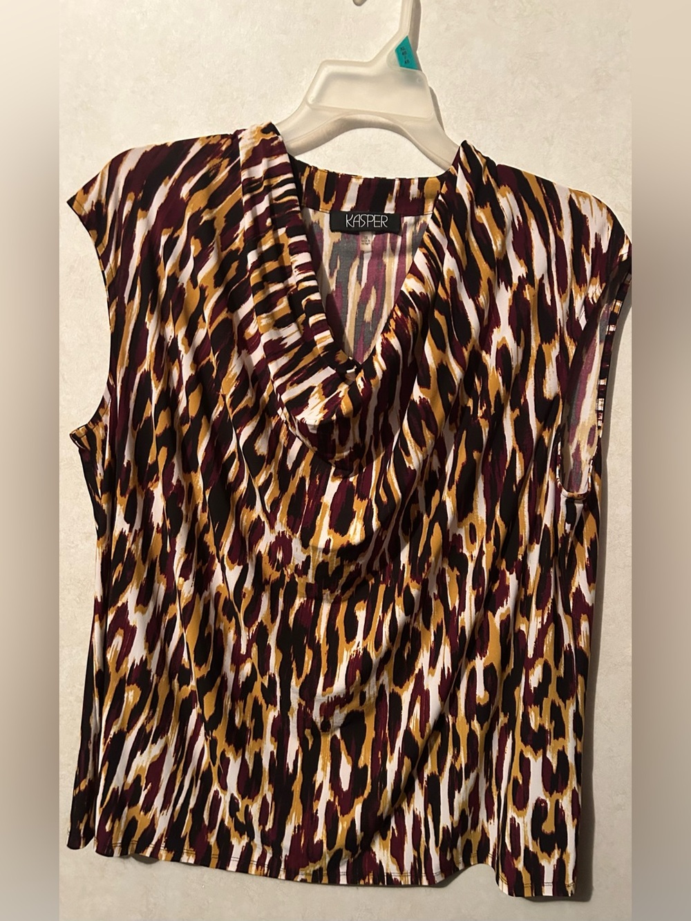 Kasper Maroon, Gold and Cream Animal-Print Sleeveless Cowl Neck Top size 3X